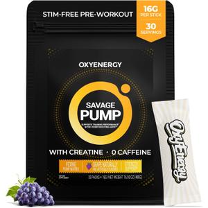 OxyEnergy Max Pump Stim-Free Pre Workout Powder for Men & Women, Nitric Oxide Booster, Grape Flavor, 30 Stick Packs Blood Flow & Energy with L-Citrulline, Beta Alanine, Creatine, BBD: 02/2027