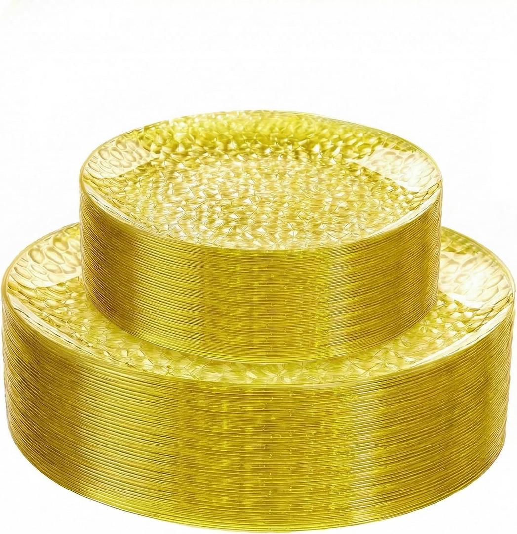 Rubtlamp 60 Pcs Yellow Plastic Plates, Hammered Heavy Duty Disposable Plates, Fancy Party Platos Include 30 Yellow Dinner Plate,30 Disposable Dessert Plate for Daily Reception