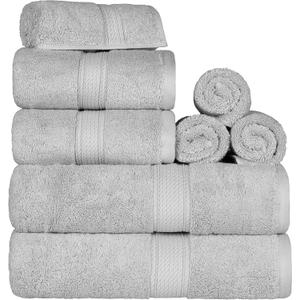SUPERIOR Egyptian Cotton Pile 8 Piece Towel Set, Includes 2 Bath, 2 Hand, 4 Face Towels/Washcloths, Ultra Soft Luxury Towels, Thick Plush Essentials, Guest Bath, Spa, Hotel Bathroom, Silver