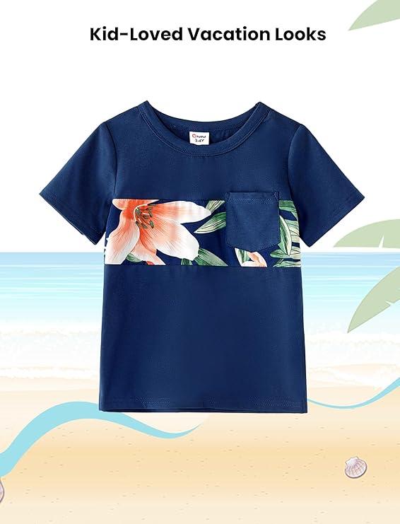 PATPAT Family Matching Outfits Mommy and Me Dresses Hawaiian Tropical Vacation Beach Spaghetti Strap Dress and Shirt (2T, Oasis Green)