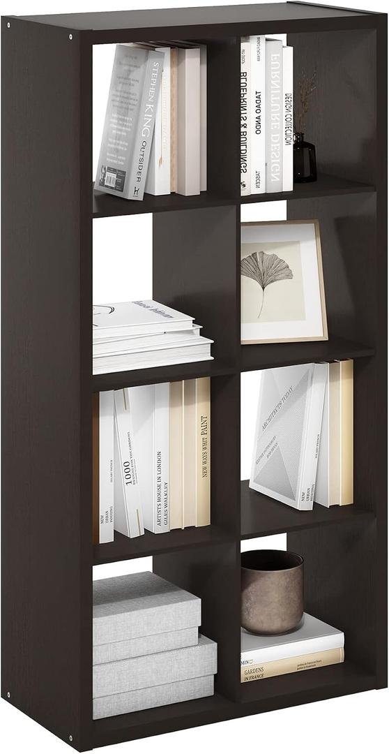 Furinno CUBICLE Book Shelf, 8-Cube Bookshelf, Extra Thick Frame Horizontally & Vertically Reversible Bookcase with Open Back, 14.6" x 30" x 58", for Living Room, Bedroom, Home Office, Black Dark Oak, 8-cube,1.2in