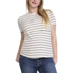 Motherhood Maternity Womens Short Sleeve Crew Neck Nursing Tee Shirt for Breastfeeding with Easy Access (X-Small, Antique White/Black Stripe)