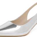 RIBONGZ Silver Kitten Heels for Women Pointed Closed Toe Pumps Patent Leather Low Heel Slingback Heels with Buckle Strappy Comfort Dress Shoes for Dating Wedding Prom Party Working Size 8
