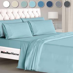 Mueller Ultratemp Bed Sheets Set, Super Soft 1800, 6 Piece Set, Deep Pocket up to 16" Sheets, Transfers Heat, Breathes Better, Hypoallergenic, Wrinkle, Aqua, California King