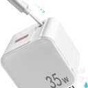 Retractable Wall Charger Block for iPhone, 35W PD Fast Charger With Lightening Cable and USB Port, Portable Adapter With Foldable Plug for iPhone14/13/12, iPad, Air-Pods White