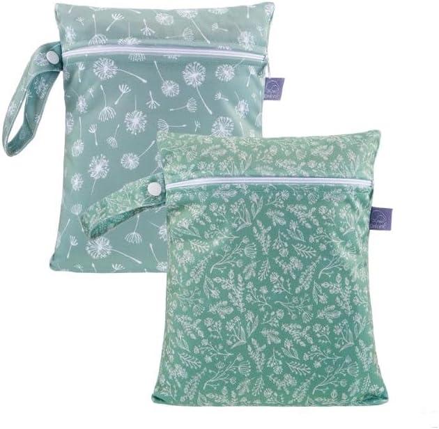 2pcs Waterproof Cloth Diaper GG Wet Dry Bags Travel, Beach, Pool, Daycare & More Ideal for Baby Essentials, Yoga, Gym, Wet Clothes (Graphic Print, Green Nature Plants)