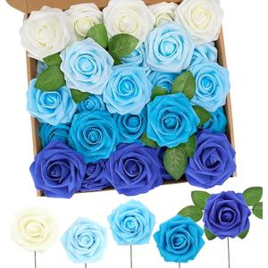 N&T NIETING Blue Roses Artificial Flowers, 50pcs Real Touch Fake Flowers Rose Perfect for DIY Wedding Bridesmaid Bridal Bouquets Centerpieces Home Flower Arrangement Decoration, Series Blue