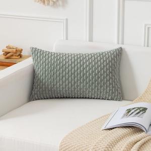 Kevin Textile 12x24 Inch Pillow Cover 1 Pack Boho Decorative Soft Striped Corduroy Lumbar Farmhouse Color Accent Rectangle Cushion Case for Living Room Couch Sofa Bed, Greyish Green