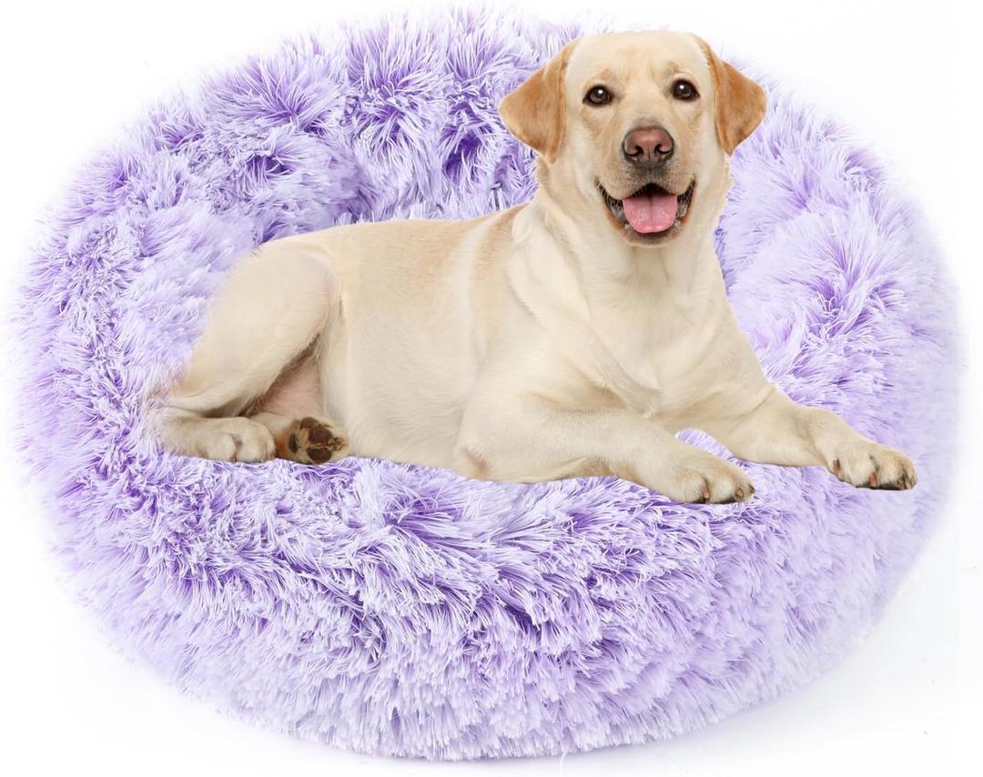 NOYAL Calming Donut Dog Bed for Small to Medium Dogs & Cats - Plush Faux Fur Anti-Anxiety Pet Bed with Machine Washable Cover & Non-Slip Base (Medium 23.6'', Gradient Purple)