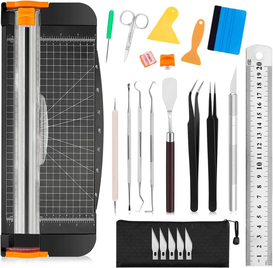 Famomatk 23PCS Weeding Tools for Vinyl, Craft Weeding Tools Set with 12Inch Paper Cutter and Trimmer for Scrapbooking,Silhouettes,Cameos,Lettering,Cutting,Craft Paper, Labels and Cardstock(Black)