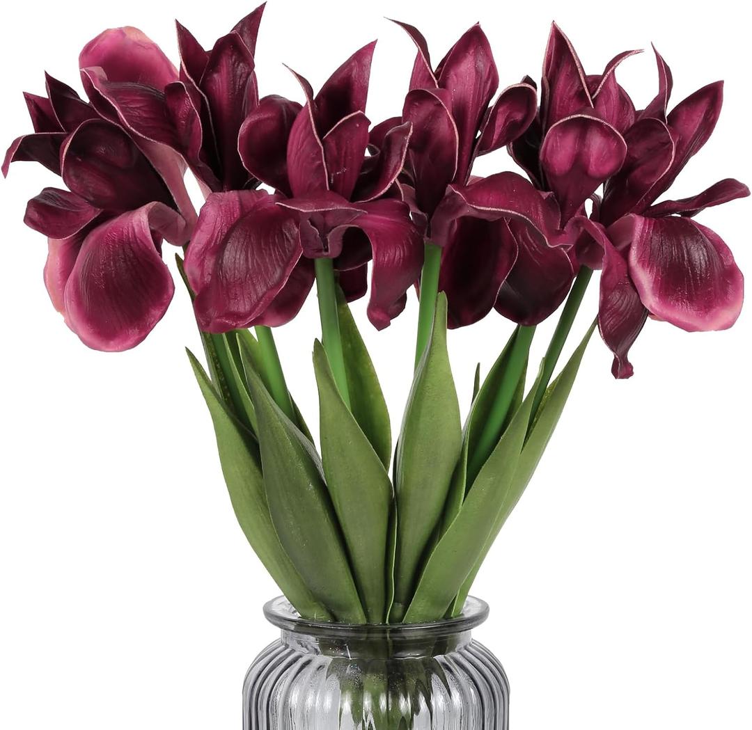 Iris Flowers Artificial Real Touch Flowers 6 PCS 18.9 in Long Stems Artificial Iris for Decoration for Wedding Bridal Home Kitchen Party(Burgundy)