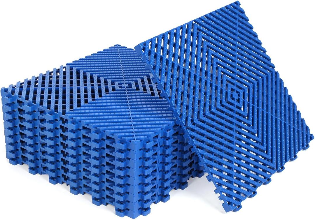 12Pack Modular Interlocking Grille Tile 12"x12"x0.66" Heavy Duty Mat for Garage Flooring Car Washing Facility Drain Balcony Yard Deck Floor (Blue)