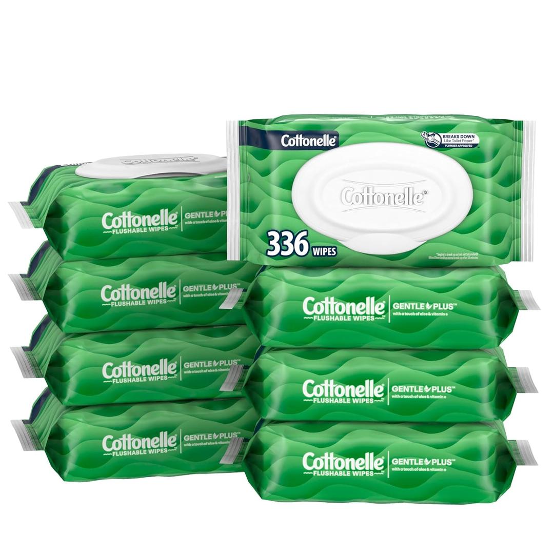 Cottonelle GentlePlus Flushable Wet Wipes with Aloe & Vitamin E, 8 Flip-Top Packs, 42 Wipes Per Pack (336 Total Wipes)