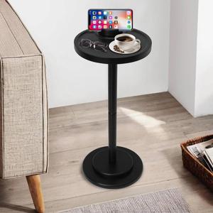 Small Wood Drink Side Table Modern Round Pedestal Martini Table with Rotating Phone Holder, Weighted Base Cocktail Pedestal End Tables for Living Room, Bedroom, Patio, Black
