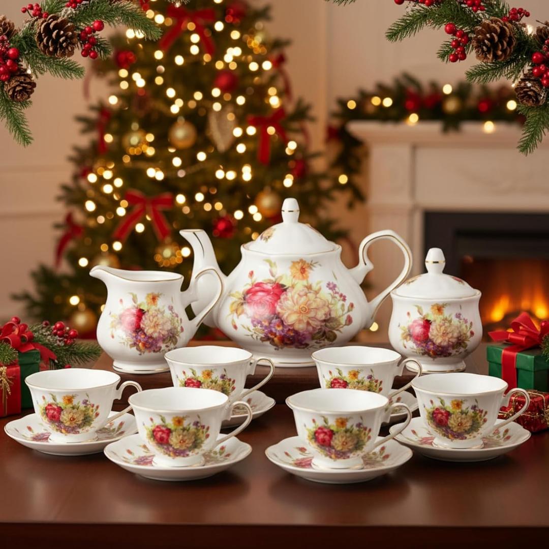 Sliner 21 Pcs British Porcelain Tea Set, Christmas Porcelain Tea Pot, 6 OZ Cups, Floral Vintage China Coffee Set, Wedding Drinking Supplies for Adult