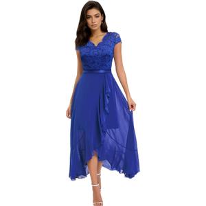 Womens V-Neck Lace Short Sleeve Bridesmaid Dress Chiffon A-line Ruffle Hem Split Wedding Party Midi Dress (Blue, XL)
