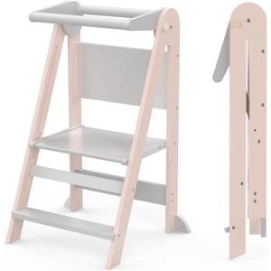Foldable Toddler Kitchen Tower, JimberBay Wooden Step Stool with 3 Adjustable Heights, Safety Bar, Chalkboard, Easy Assembly, Montessori Toddler Helper Tower for Learning (White)
