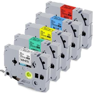 5-Pack Compatible Brother P Touch Label Tape Multicolors TZe-231 tz431 531 tze-631 731 12mm 0.47 Laminated Label Maker Tape Work for PT-D210 H110 D220 D410 D600, Black on White/Red/Blue/Yellow/Green