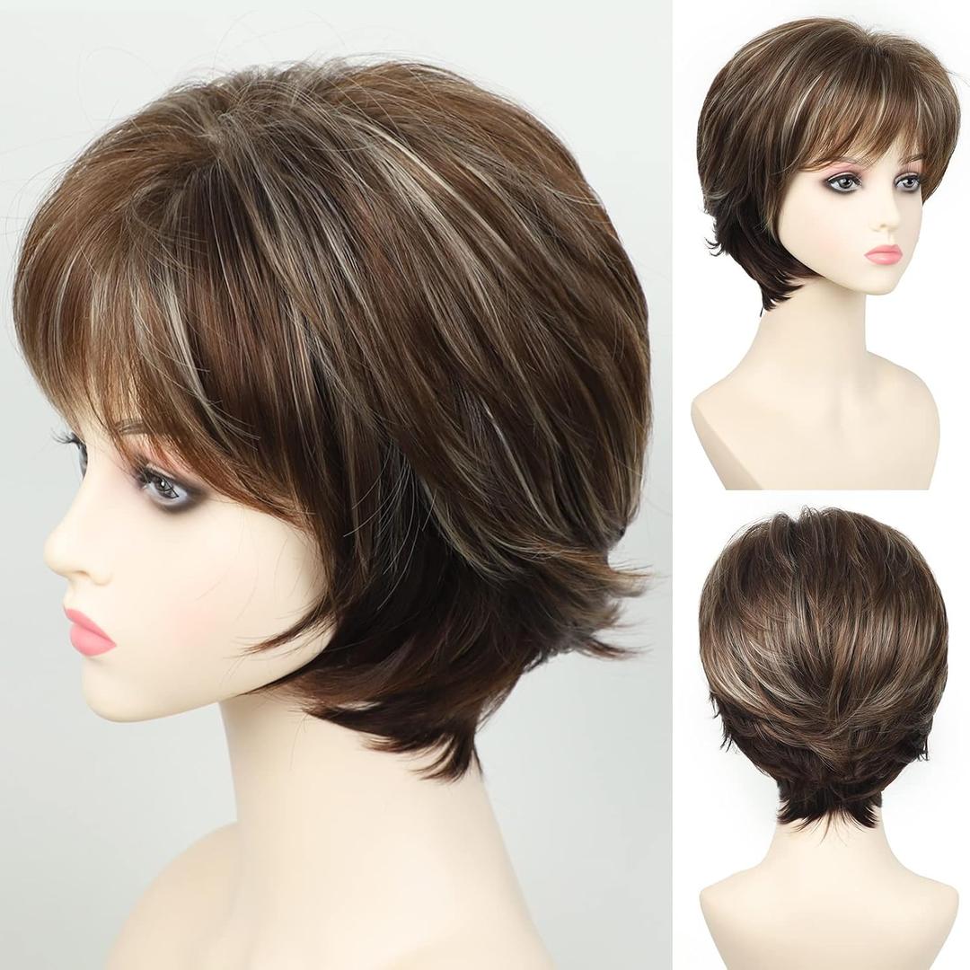 SEVENCOLORS Short Brown Wigs for White Women Pixie Cut Wigs with Blonde Highlights Natural Looking Synthetic Short Hair Wig for Women