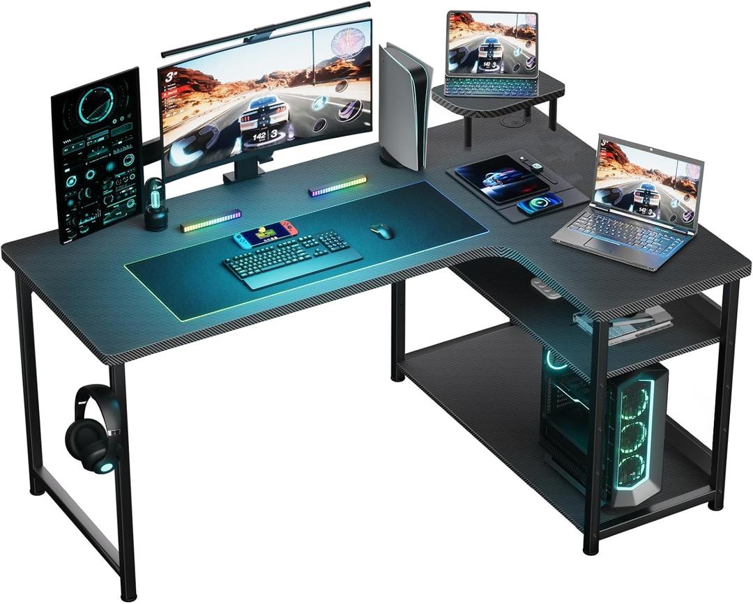 GTRACING L Shaped Gaming Desk, Carbon Fiber Style Computer Desk Compatible with Monitor Arm Storage Shelves Corner Desk Gaming Table for Home Office Desks Easy to Assemble Adjustable Shelf Height (47.24*29.13*19.68in)