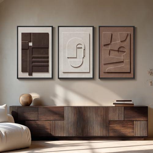 Large 3D Textured Framed Neutral Abstract Wall Art, 3 Piece Modern Artwork for Walls, Minimalist White Brown Geometric Wall Paintings for Living Room, Dining Room, Lounge, Bedroom Wall Decor 20x30 In