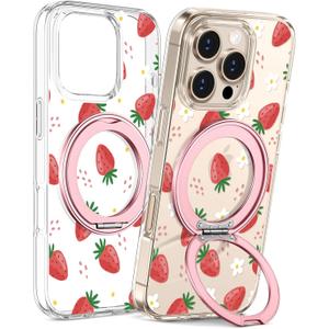 Loheckle for iPhone 16 Pro Case with Stand- Compatible with MagSafe Women Girls Cute Clear Girly Aesthetic Unique Design Soft TPU Magnetic Ring Phone Cover for Apple 16 Pro, Strawberry
