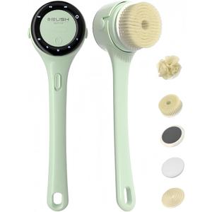 Electric Body Brush Back Scrubber for Shower, Rechargeable Long Handles Bath Brush with 5 Replaceable Heads, 3 Speed Adjustable and Lcd Display Shower Brush for Deep Cleansing, Exfoliating & Massage