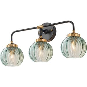 3-Light Bathroom Vanity Light Black Wall Mount Light with Green Glass Shade, Mid Century Wall Sconce Lights Modern Vanity Lamp for Over Mirror Bedroom Hallway