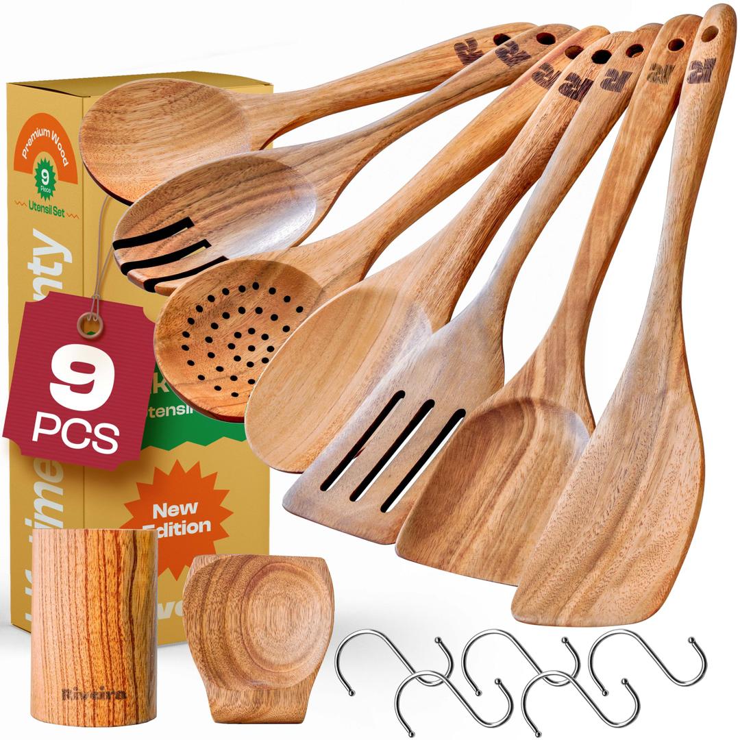 Riveira 9 Pieces Teak Wooden Spoons For Cooking – Premium & Durable Organic Teak Wooden Cooking Utensils – Non Stick Wooden Spatula For Cooking – Non Toxic Utensil Set With Holder & Spoon Rest