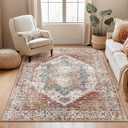 Washable 4x6 Area Rugs, Rugs for Living Room, Low-Pile Water&Stain Resistant Carpet Vintage Distressed Printed Non-Slip Carpet for Bedroom Bathroom Kitchen-Yellow/Brown