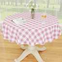 Smiry Plastic Table Cloth, Waterproof Vinyl Tablecloth with Flannel Backing, Wipeable Buffalo Plaid Table Cover for Picnic, Indoor and Outdoor (Pink & White, 60" Round)