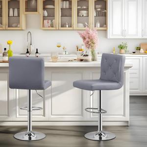 VECELO Bar Stools Set of 2, Modern Grey PU Leather Adjustable Bar Stools with Back, 360 Swivel, 17.3" D x 16.5" W x 45" H, Square-shaped Cushion, 330 lbs Max Weight 