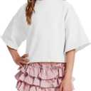 Girls Short Sleeve Sweater Kids Summer Oversized Cropped Sweaters Casual Crewneck Lightweight Knit Tops 5-14Y (11-12 Years, White)