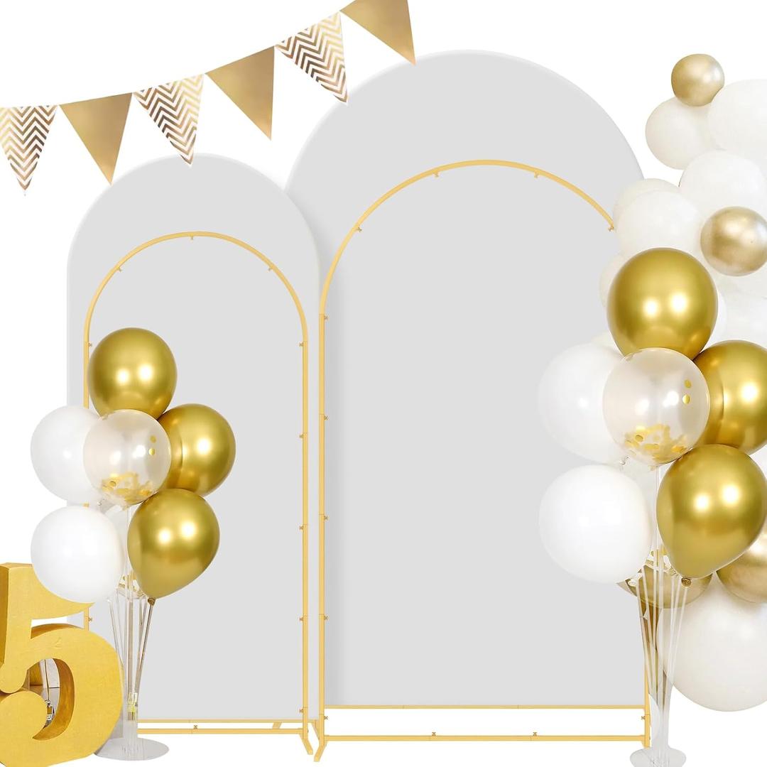 Gawicpy Wedding Arch Backdrop Stand Set Metal Arch Backdrop Stand with Wedding Arch Cover, Wedding Balloon Arch Backdrop Stand for Birthday, Baby Shower, Anniversary (White, 5.9FT+7.2FT)