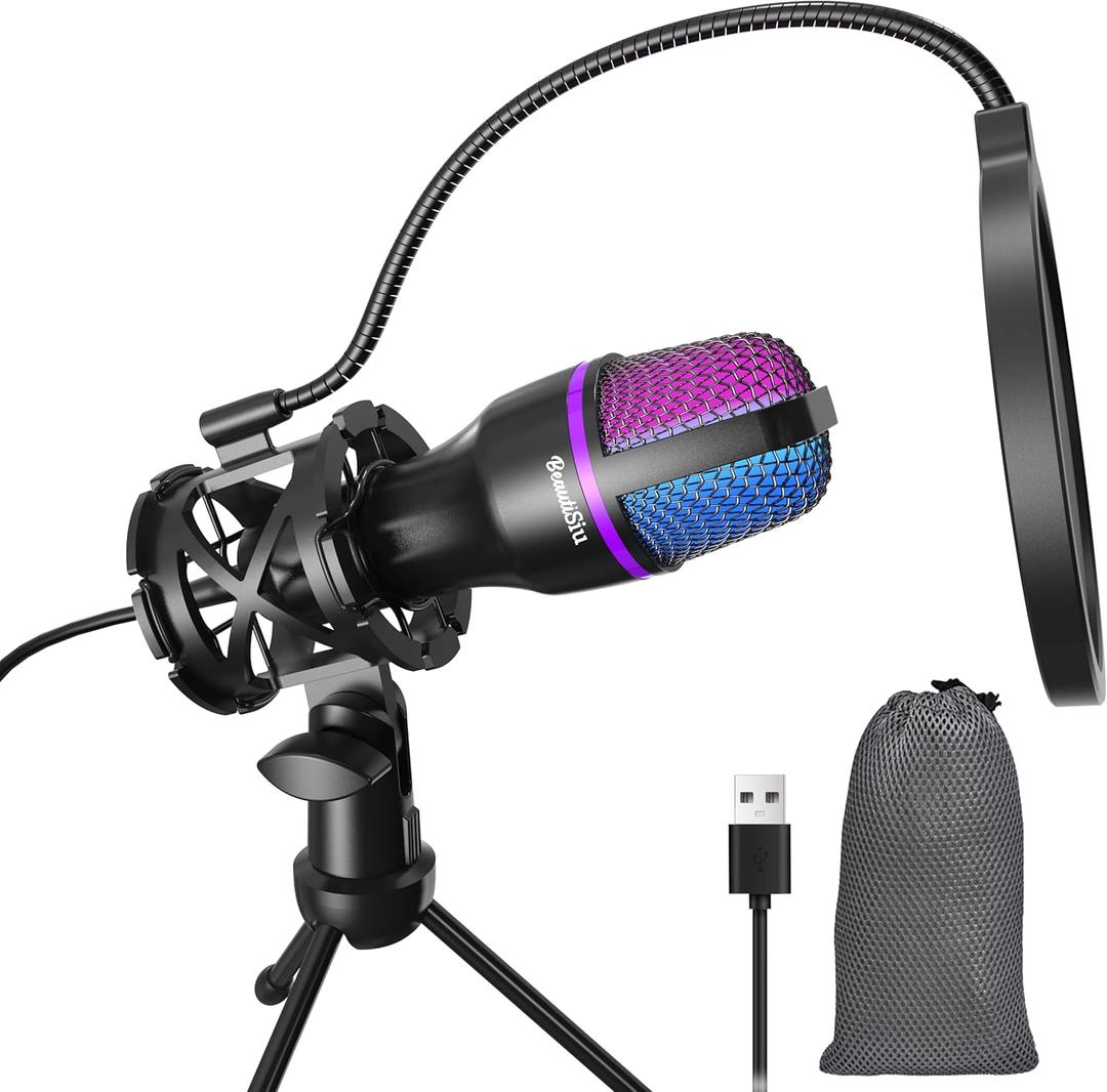 Gaming USB Microphone for PC - Beginner Online Chat Condenser Mic, RGB Computer Mic with Tripod, Pop Filter, for Streaming Podcast, Conference Call, PS4/5 PC Gamer YouTube and Skype