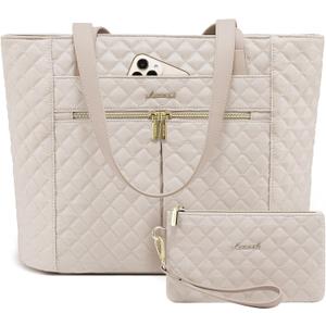 LOVEVOOK Laptop Bag for Women 15.6 inch,Diamond Quilted Work Tote Bags Womens Laptop Computer Shoulder Bags,Stylish Travel Tote Bags Laptop Purse Briefcase Handbag with Clutch Purse,Nude
