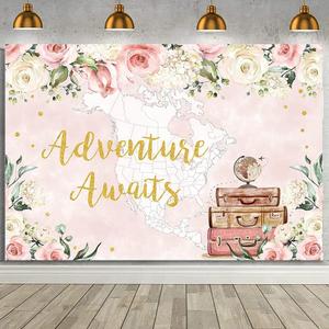 MEHOFOND 7x5ft Adventure Awaits Backdrop Travel Themed Party Decorations World Map Photo Background Flower Travel and Adventure Baby Shower Backdrop Banner for Cake Table Supplies