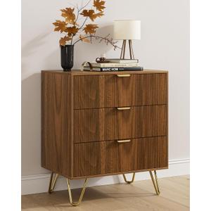 Walnut Dresser for Bedroom, Modern Fluted 3 Drawer Dresser with Storage, Dresser Chest of Drawers with Gold Handles for Bedroom, Living Room, Closet, Hallway, 15.8" D x 23.6" W x 27.6" H
