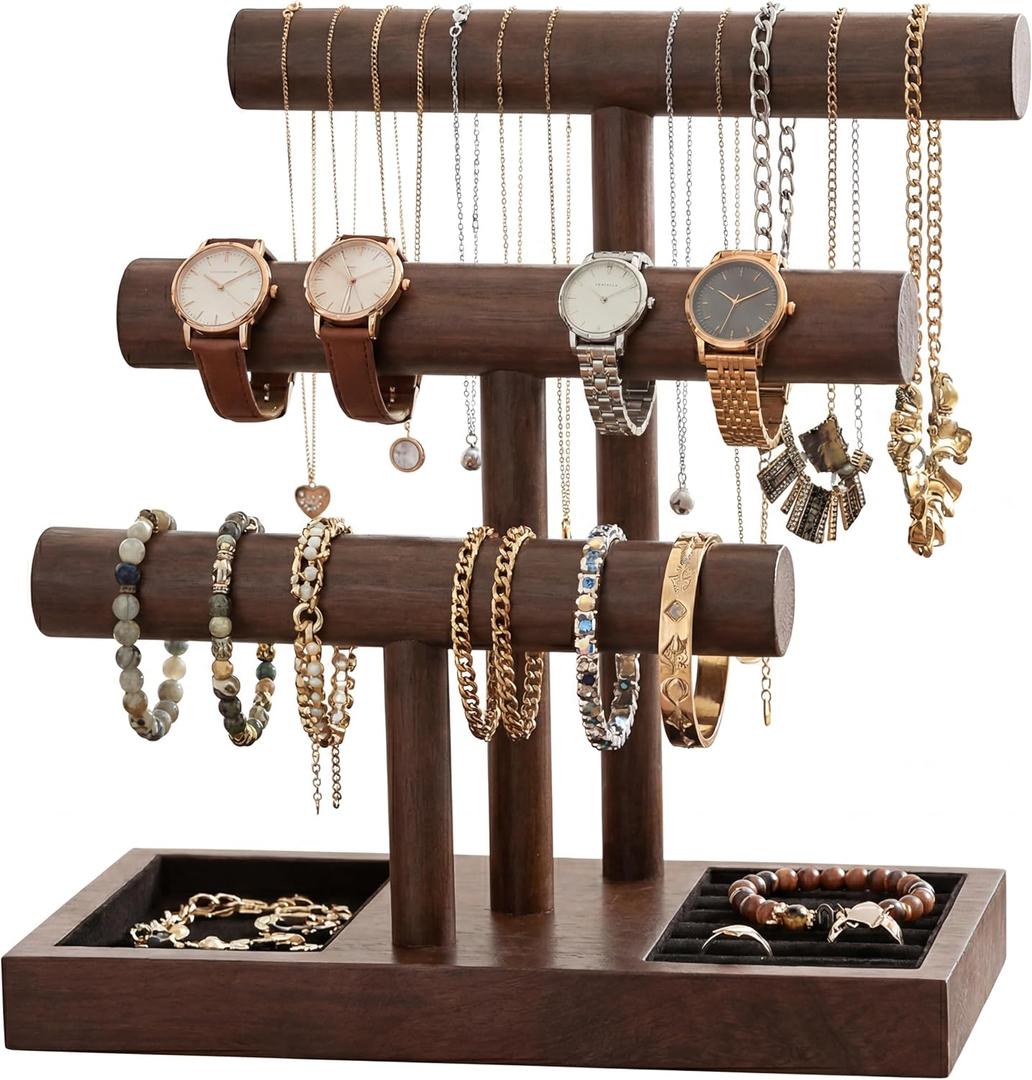 Kigeli Wooden Bracelet Holder Stand, Bracelet Display with 3 Tier, T-bar Bangle Storage Organizer Showing Bracelets Necklaces and Watches Rings for Home Vendors Craft Shows and Store