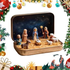 Mini Christmas Nativity Set in a Tin Box  Portable Mini Nativity Set with Resin Nativity Sets & Figures, Pocket-Size Holy Family Scene for Home Dcor or Travel (1PC)