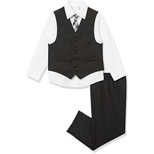 Van Heusen Boys' 4-Piece Formal Suit Set, Vest, Pants, Collared Dress Shirt, and Tie, Black/Red Stripe, 10 Van Heusen Boys' 4-Piece Formal Suit Set, Vest, Pants, Collared Dress Shirt, and Tie, Black/Red Stripe, 10
