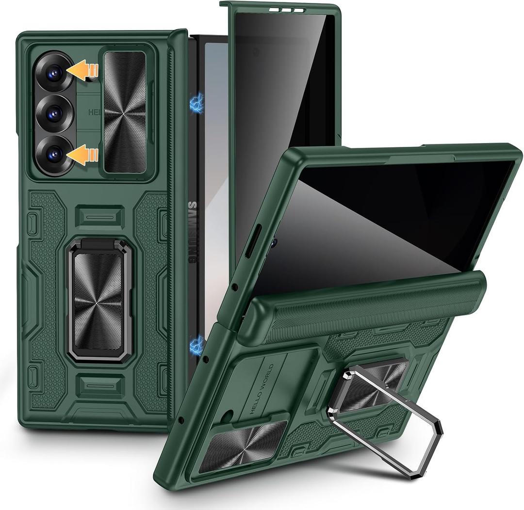 VEGO for Samsung Galaxy Z Fold 6 Case with Hinge Protection, Full-Body Case Built-in Privacy Screen Protector & Slide Lens Cover & Magnetic Ring Stand Shockproof Phone Case for Galaxy Fold 6 - Green