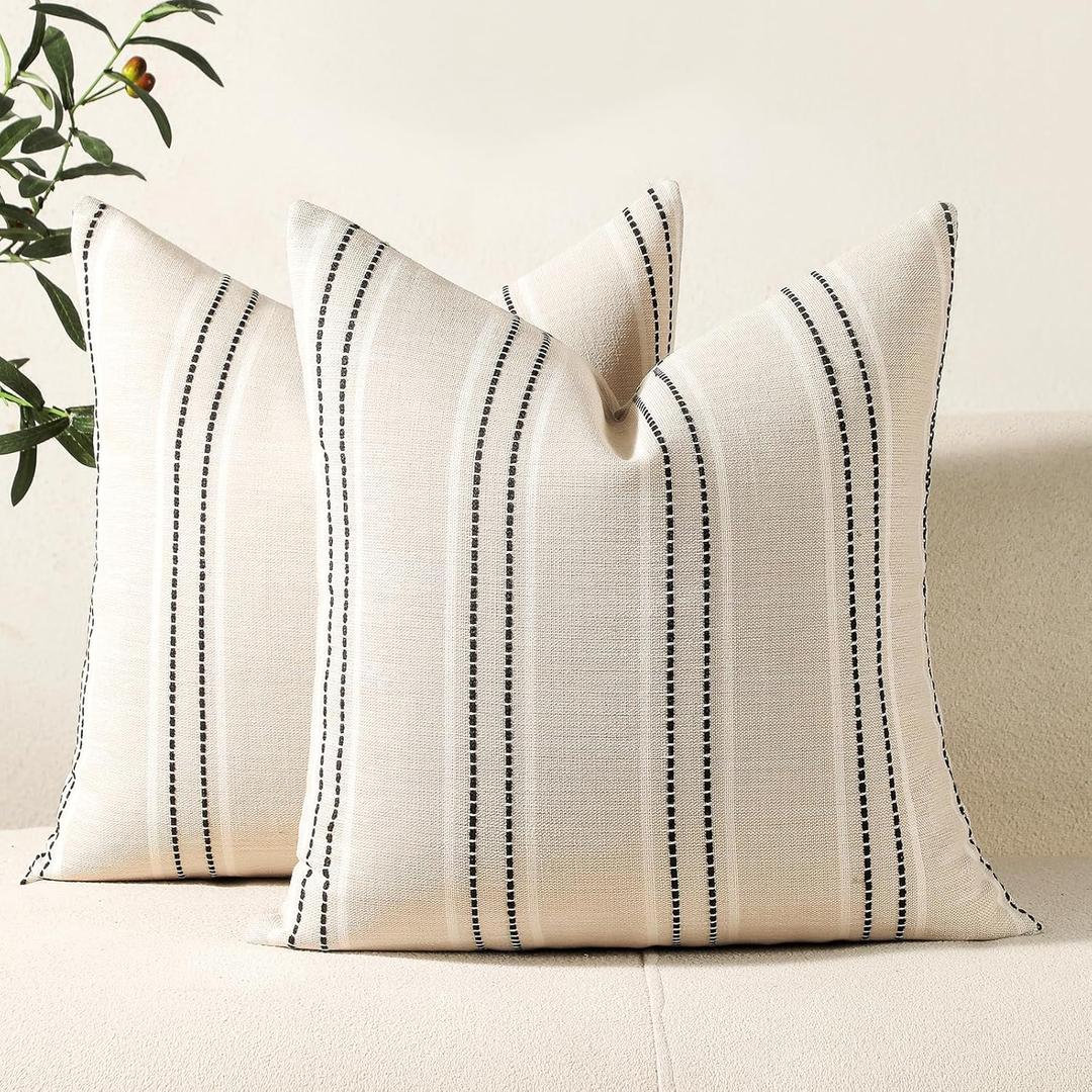 Hckot Hand Made Decorative Pillow Covers 18x18 Striped Throw Pillows Textured Linen Pillow Covers Farmhouse Decor Cushion Covers for Couch Bed Living Room, Black