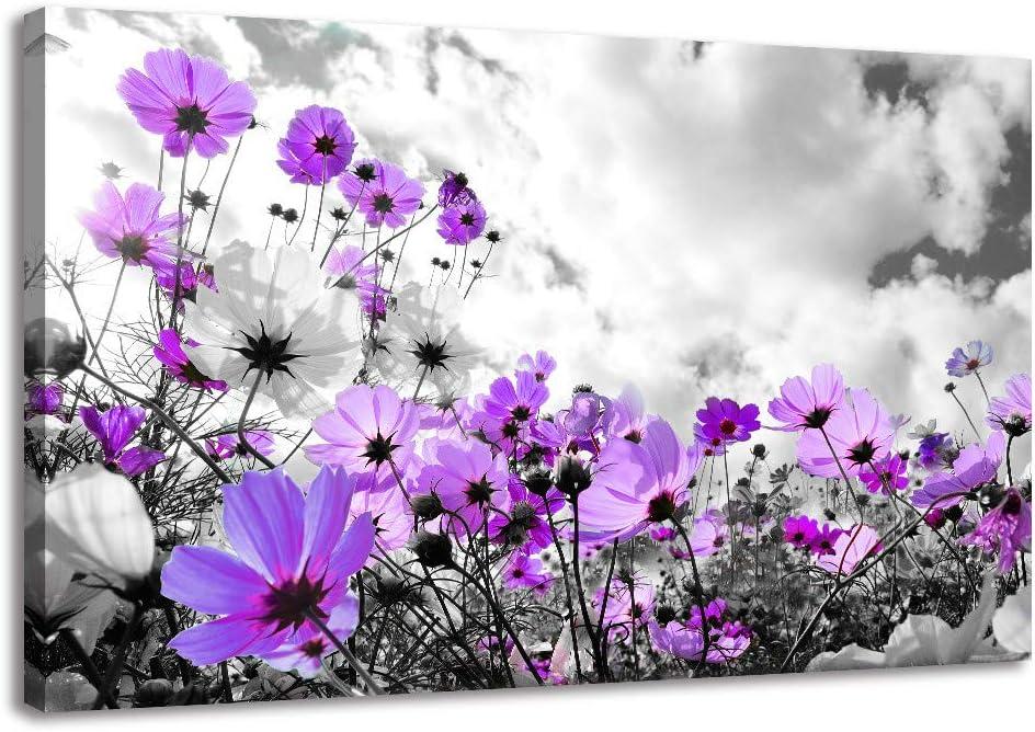 RUISHI Canvas Wall Art Modern Purple Flowers Decor Black and White Framed Galsang Floral Print Poster Hanging Artwork Ready to Hang for Bedroom Living Room Bathroom Home Office Decoration 24L x 16W