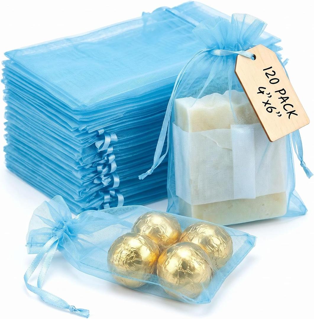 VGOODALL 120PCS Organza Bags, 4x6 Inch Mesh Bags Blue Drawstring Gift Pouches for Candy Jewelry Wedding Party Favors