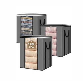 boailydi Extra Large Blanket & Clothes Storage Bags for Bedding & Comforters & Pillow– Foldable Thick Waterproof Fabric with Clear Window, Dual Zippers & Sturdy Handles, 3 Pack Seasonal Organization