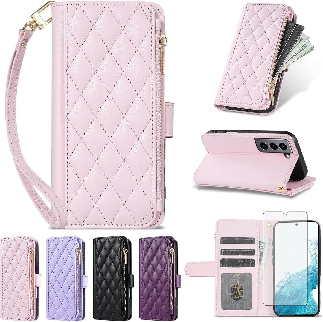 Argyle Wallet Cover for Samsung Galaxy S22 5G with Tempered Glass Screen Protector Wrist Strap, Card Slot Luxury PU Leather Card Holder Stand Phone Case for S 22 22S 4G G5 6.1 inch Women Pink