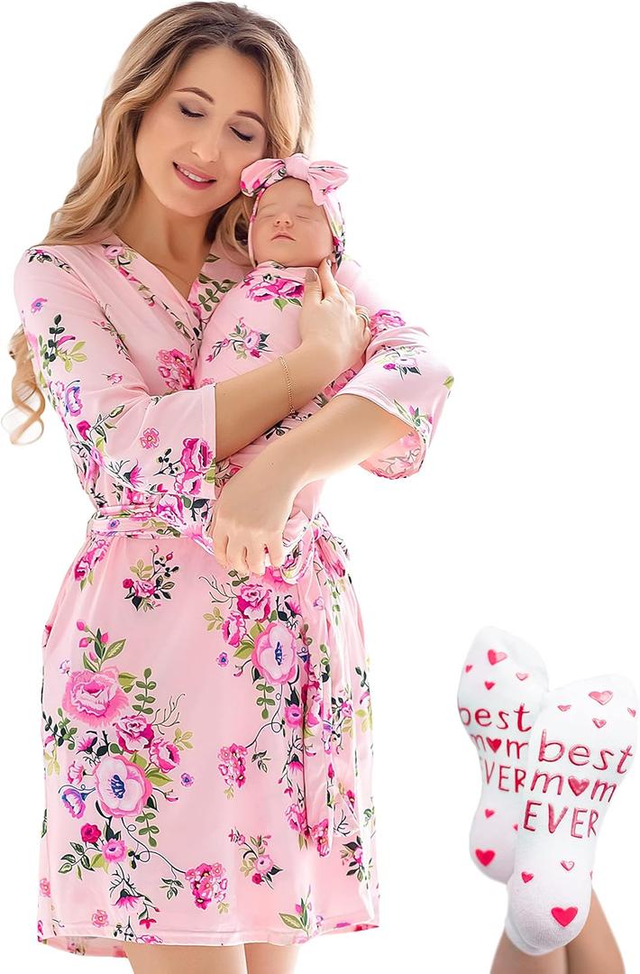 ECO BABY Mommy and Me Robe and Swaddle Set | Maternity Robe and Matching Baby Set for Girl, Boy | Hospital Labor and Delivery (Grace), M