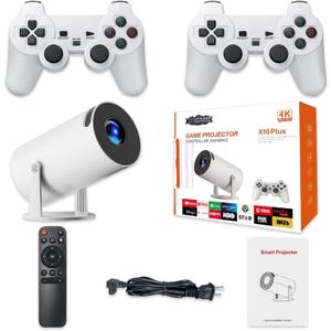 X10 Plus Retro Game Console with Projector,4K HD Portable Projector with 10000+ Games,Plug and Play TV Video Game Stick,Android TV 11.0, WiFi,Smart Projector with 2.4g Wireless Controllers