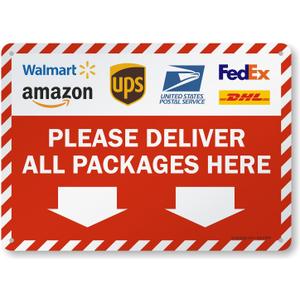 SmartSign Package Delivery Sign - 14" x 10", Please Deliver All Packages Here Metal Sign With Down Arrow and Delivery Partner Logos, 40 mil Laminated Rustproof Aluminum, Striped Border, USA-Made